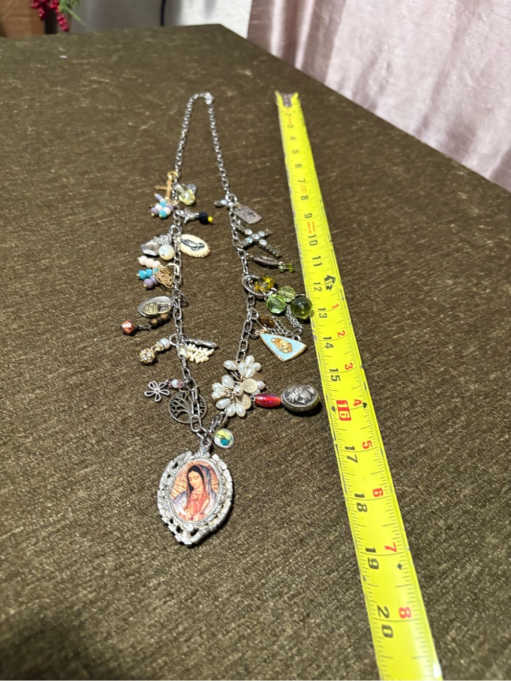 Vtg Upcycled Mother Mary Faith Based Handmade Charm Necklace Artisan Made OOAK - Picture 3 of 14